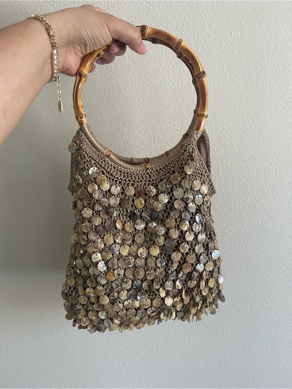 The Limited Taupe Sequin Crochet Shoulder Bag with Bamboo Handles